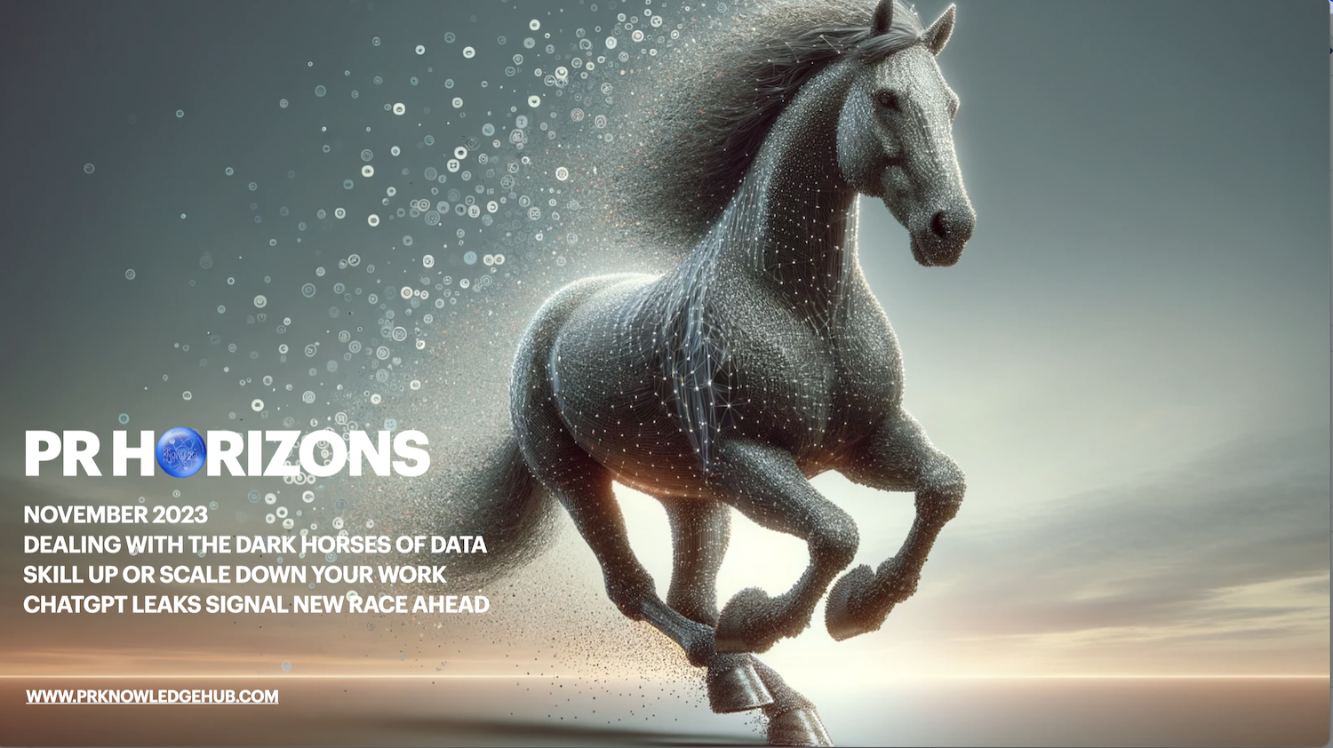 Image shows cover of PR Horizons November issue featuring a dark horse made of data